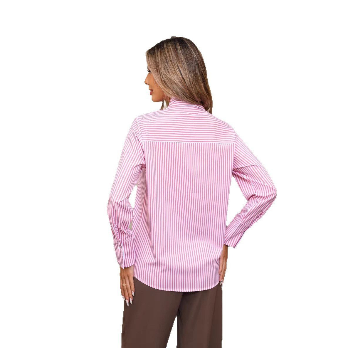 Women's Striped Button-Up Shirt – Contrast Cuff and Hem