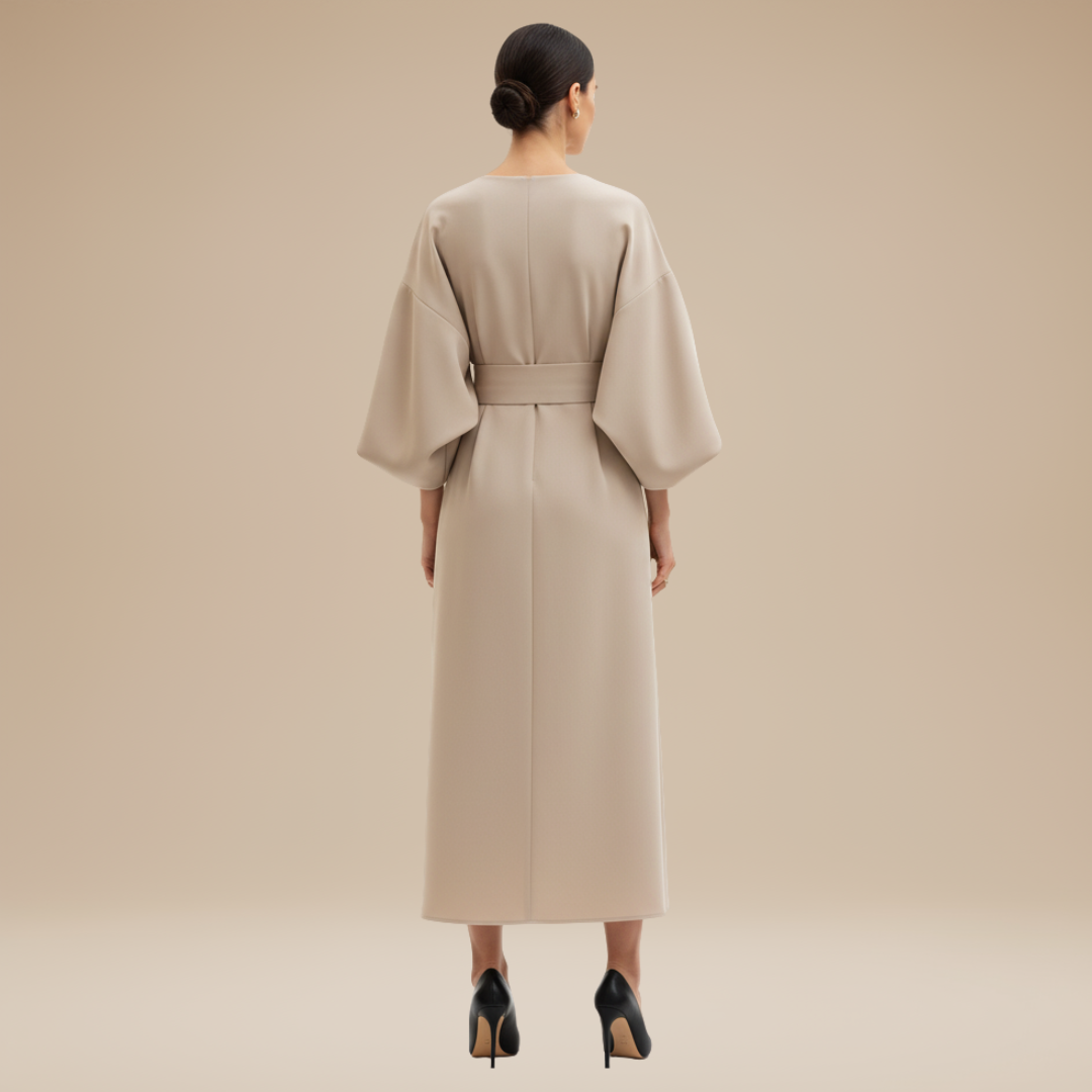 Women's Belted Wrap Midi Dress – Wide Flowing Sleeves