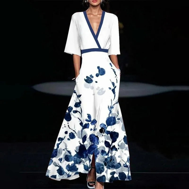 Women's Floral Maxi Dress – V-Neck A-Line Silhouette