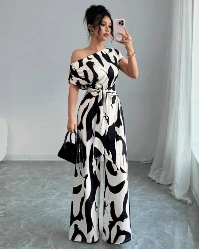 Women's One-Shoulder Jumpsuit – Wide-Leg Abstract Print