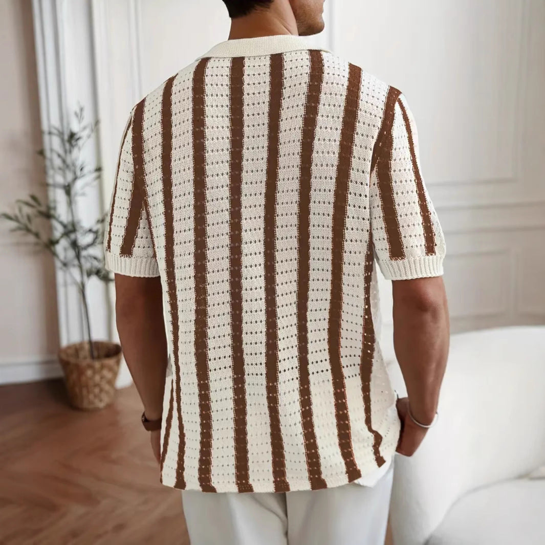 Men's Open-Knit Polo Shirt – Vertical Stripe Short Sleeve