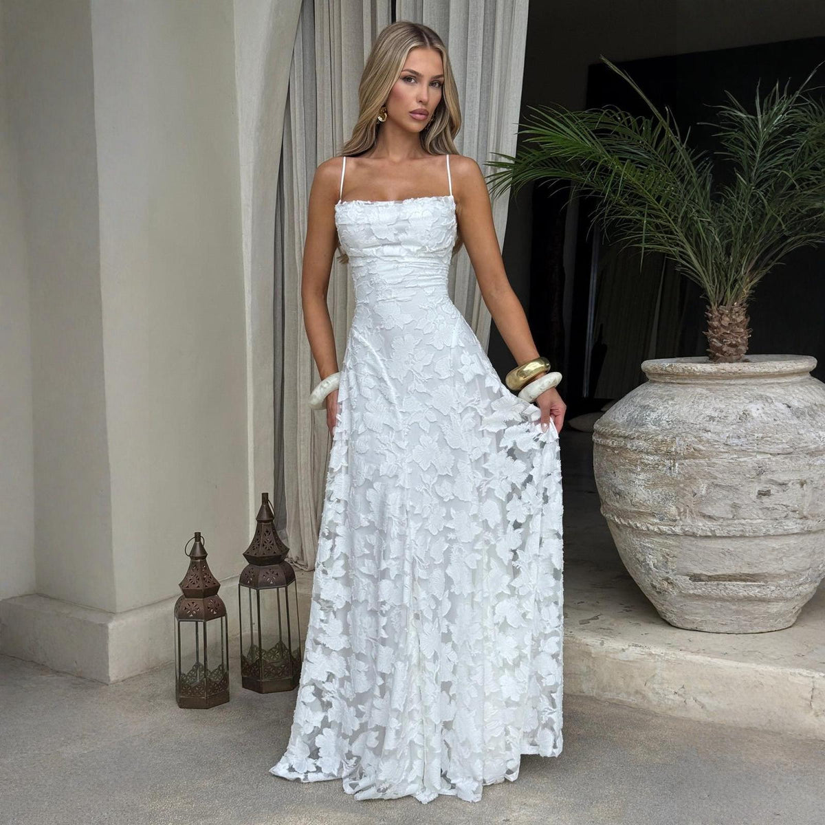 Women's Lace Maxi Dress – Fine Strap Floor Length
