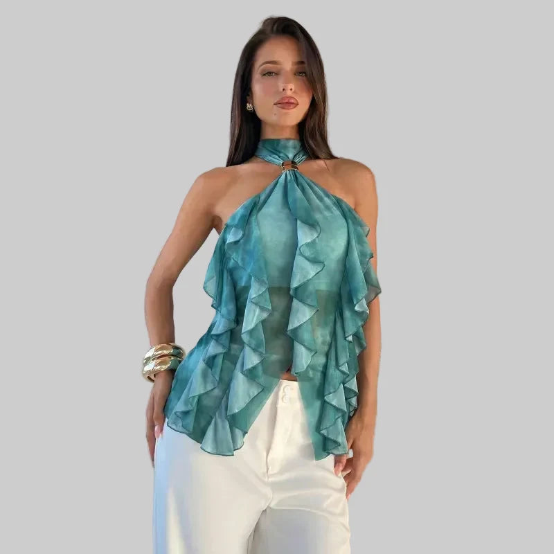 Women's Ruffle Halter Top – Cascading Layered Drape