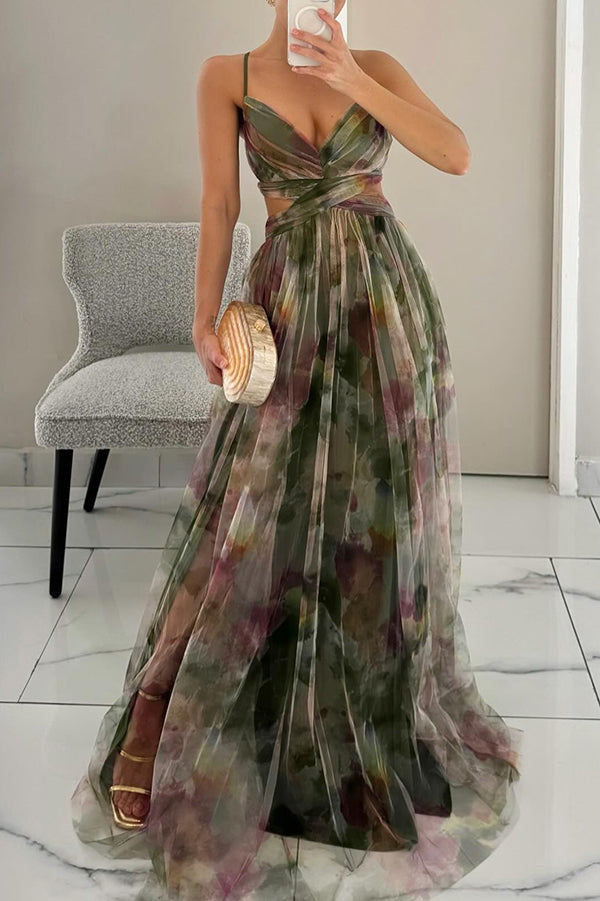 Women's Floral Mesh Maxi Dress – Fitted Bodice Tiered Skirt