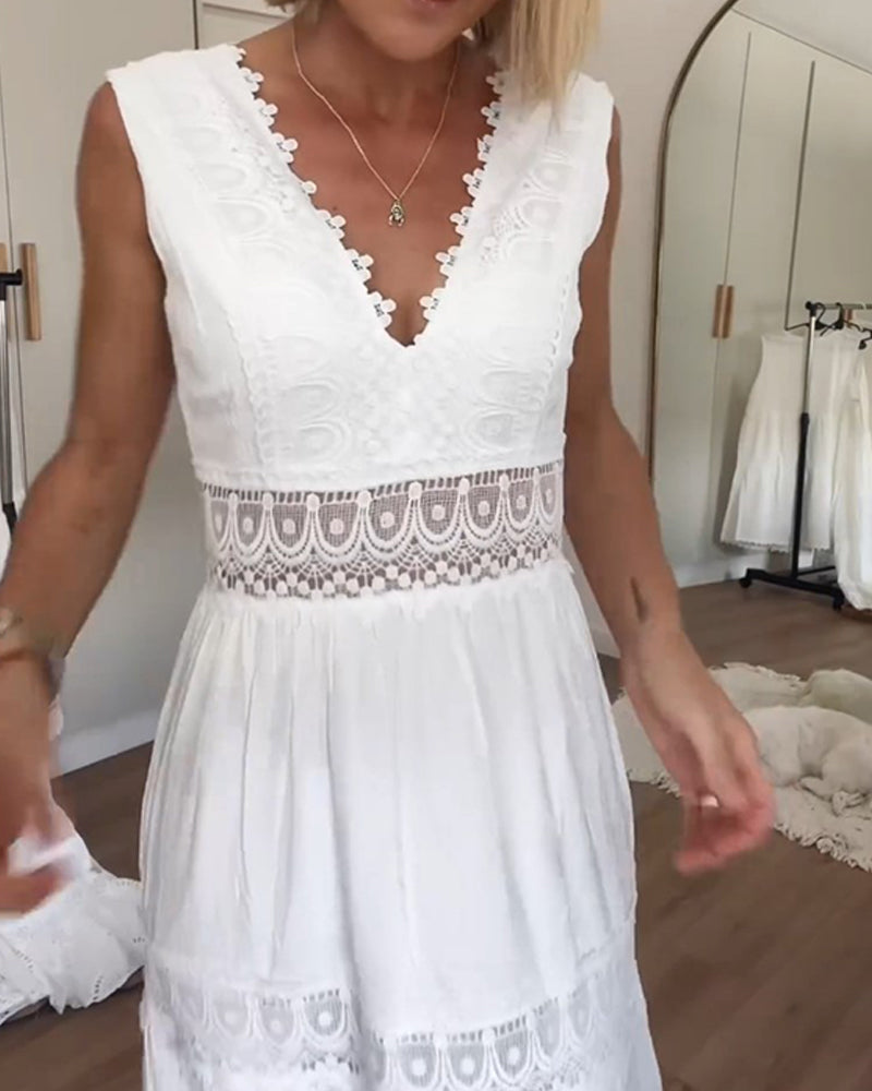 Women's Lace Midi Dress – Tiered Sleeveless V-Neck
