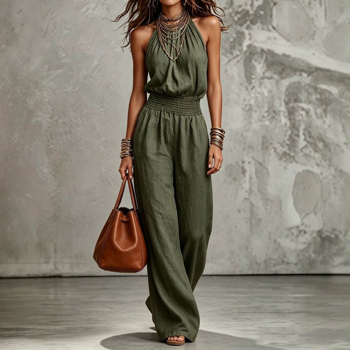 Women's Halter Neck Jumpsuit – Smocked Waist Wide Leg