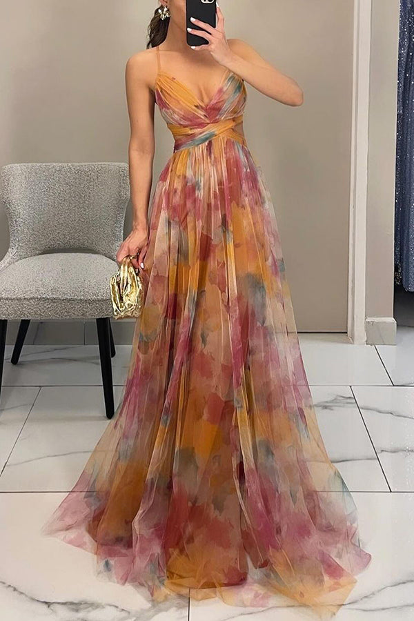 Women's Floral Mesh Maxi Dress – Fitted Bodice Tiered Skirt