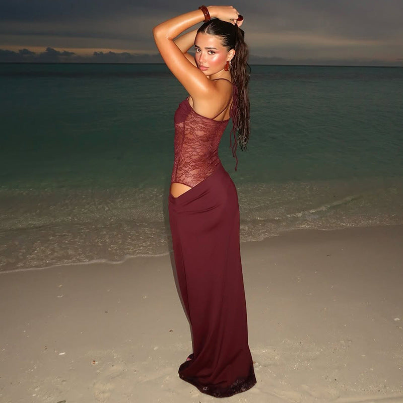 Women's Lace-Paneled Maxi Dress – Sleeveless Fitted Flare