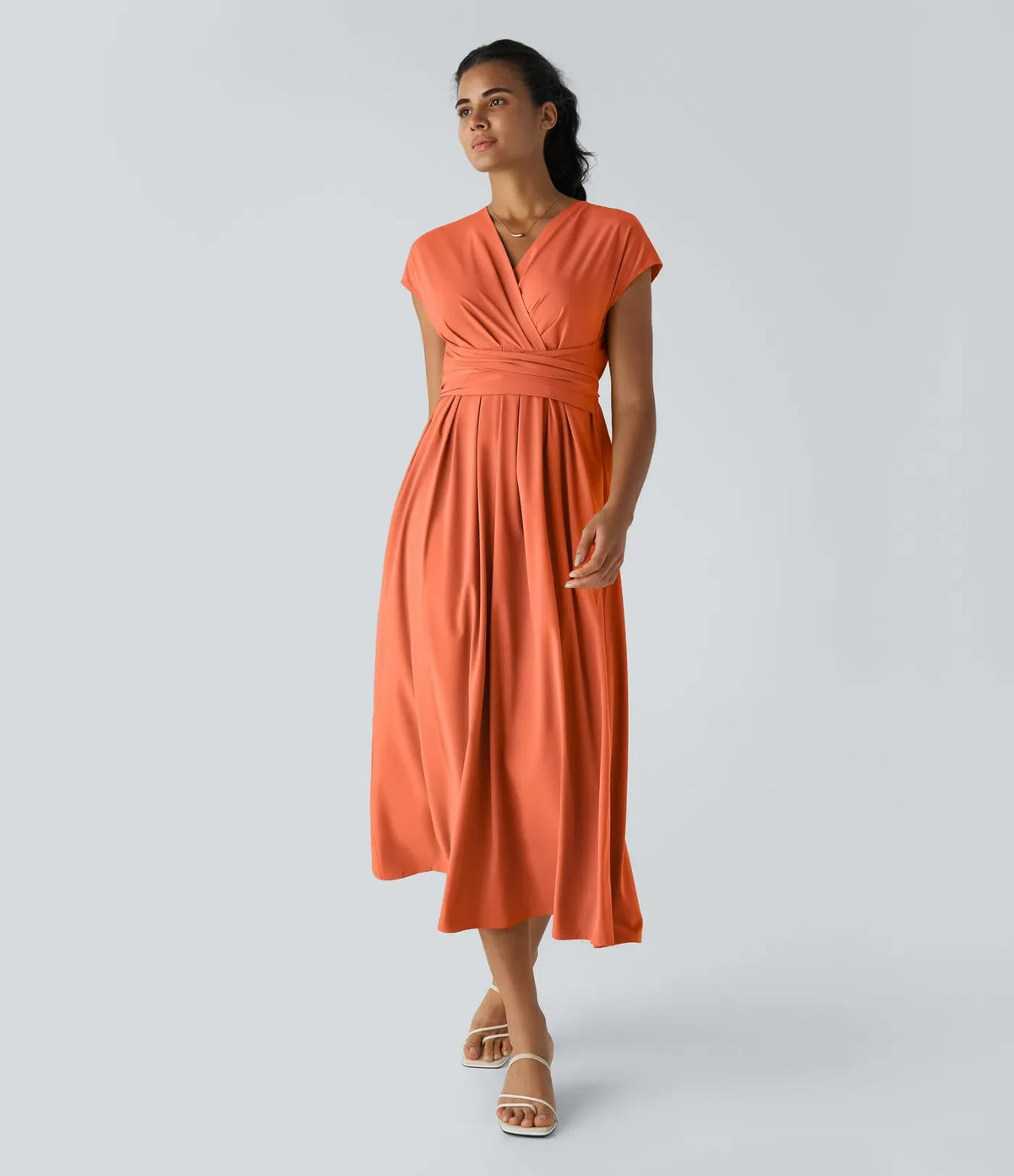 Women's V-Neck Midi Dress – Elastic Waist Flared Fit