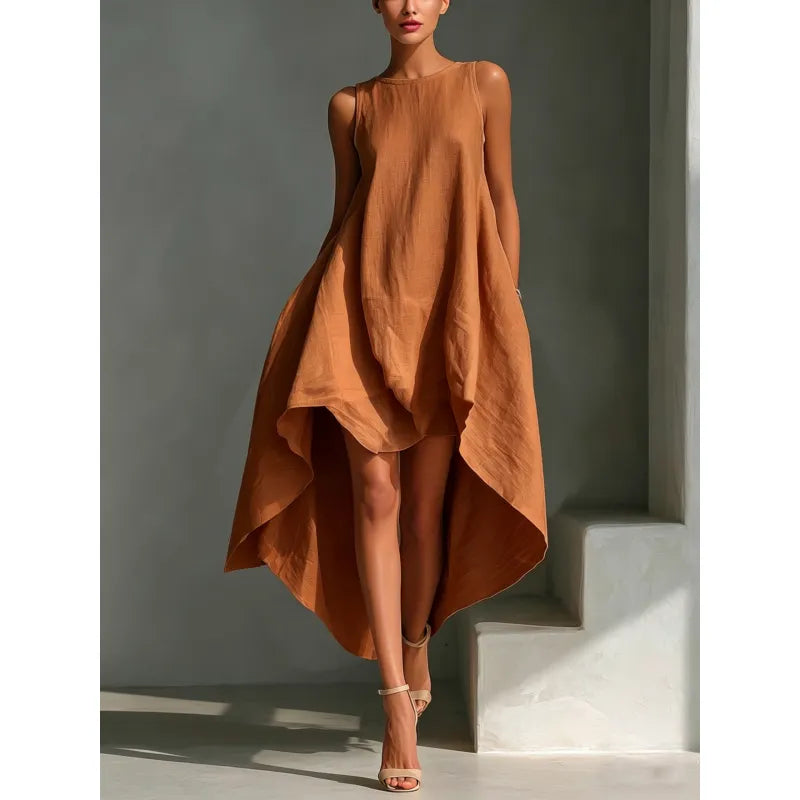 Women's Sleeveless Midi Dress – Asymmetric Flared Hem