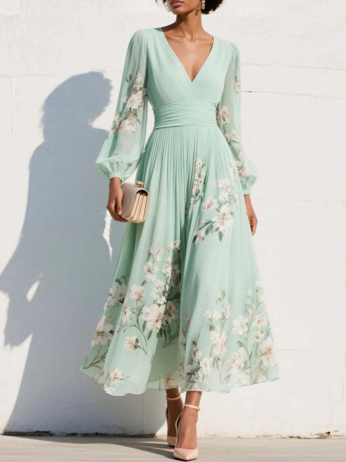 Women's Pleated Chiffon Maxi Dress – Long Sleeve Flared