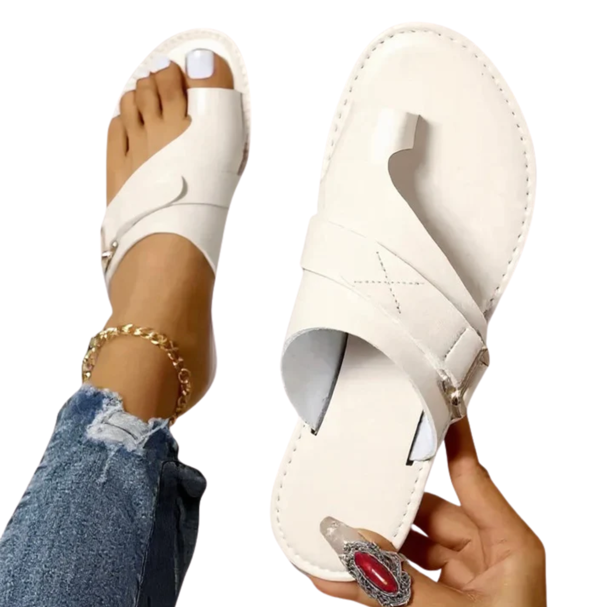 Women's Leather Flat Sandals – Square Toe Buckle Strap