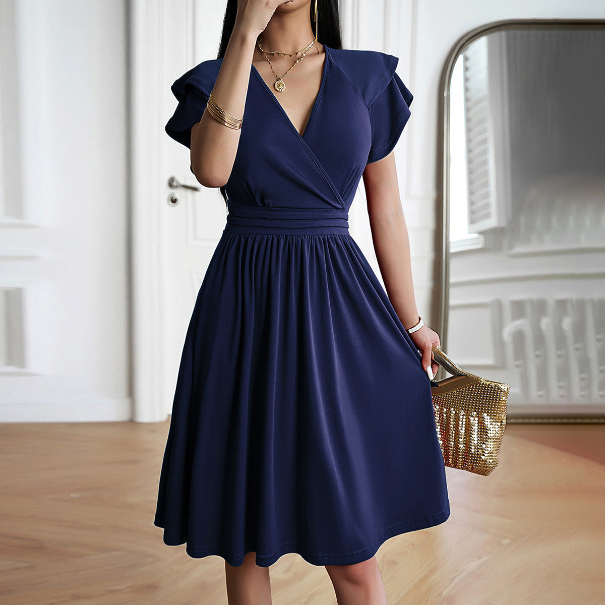 Women's Wrap Midi Dress – Flutter Sleeve Tie Waist