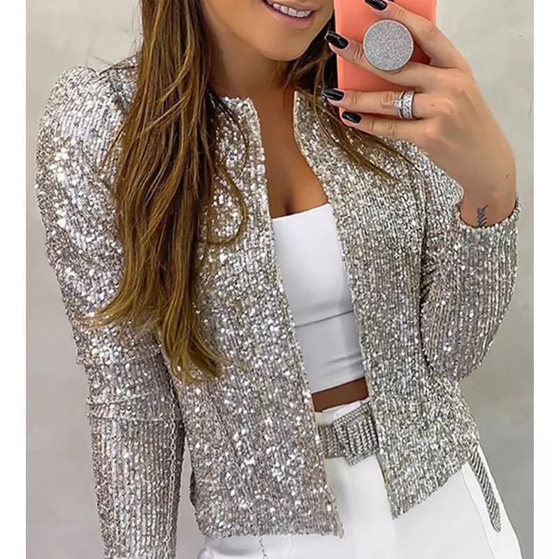 Women's Sequin Blazer – Cropped Open-Front Fit