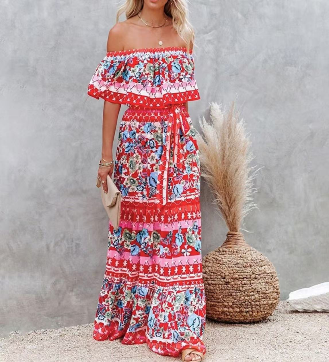 Women's Off-Shoulder Maxi Dress – Belted Flared Hem