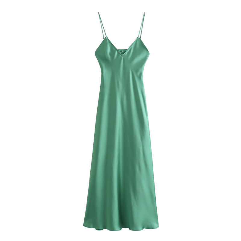 Women's Satin-Look Slip Maxi Dress – V-Neck Spaghetti Straps