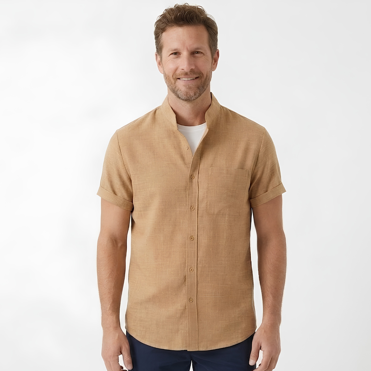 Men's Short-Sleeve Cotton-Linen Shirt – Mandarin Collar