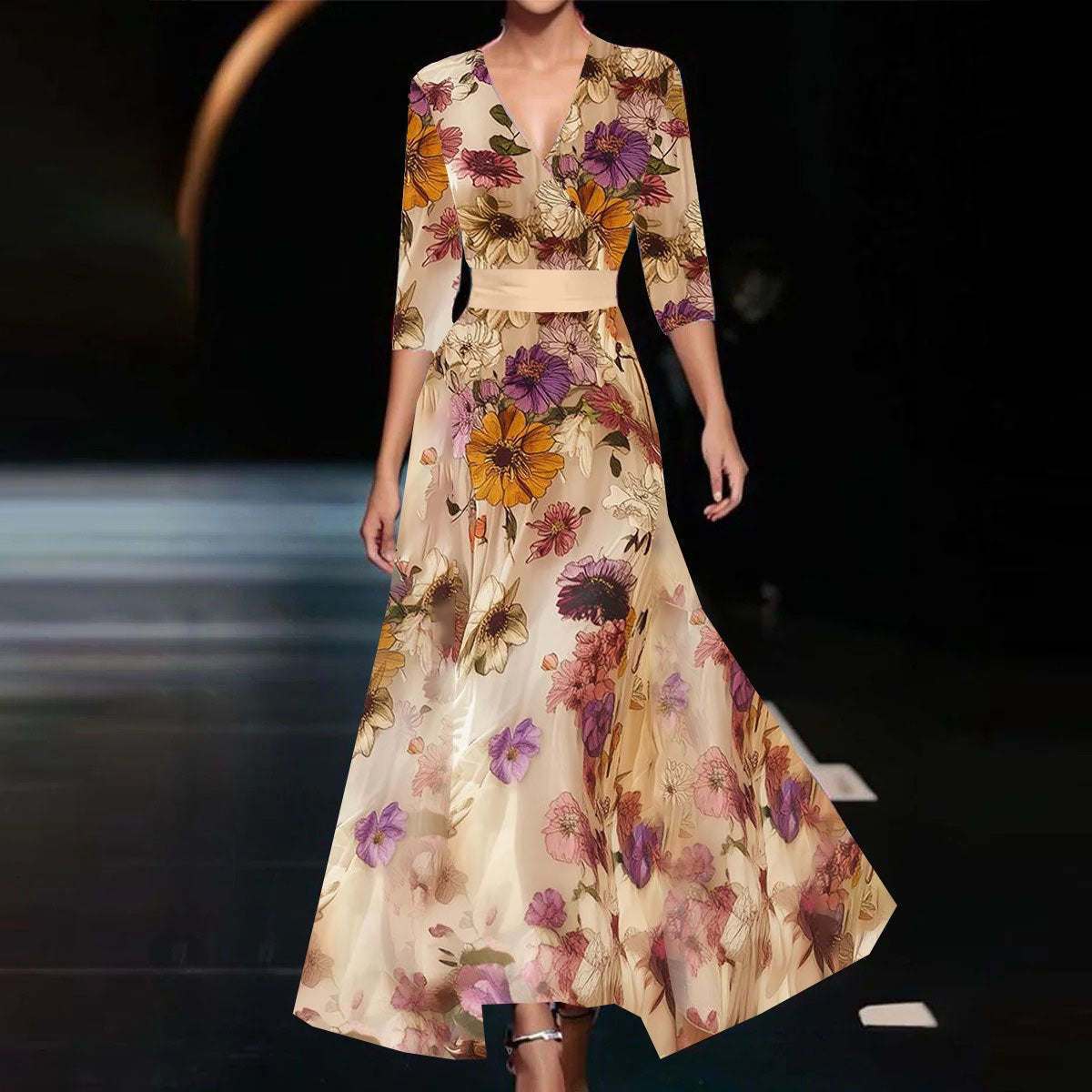 Women's Floral Maxi Dress – V-Neck A-Line Silhouette