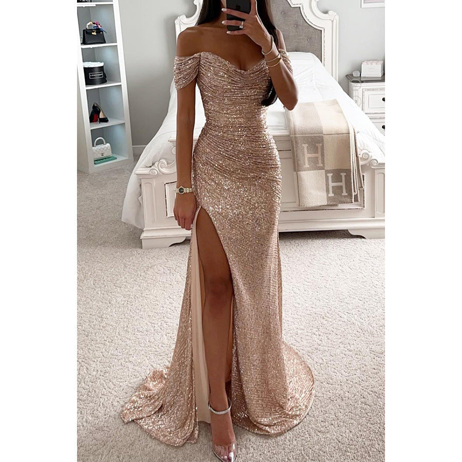 Women's Sequin Maxi Dress – Off-Shoulder High Slit