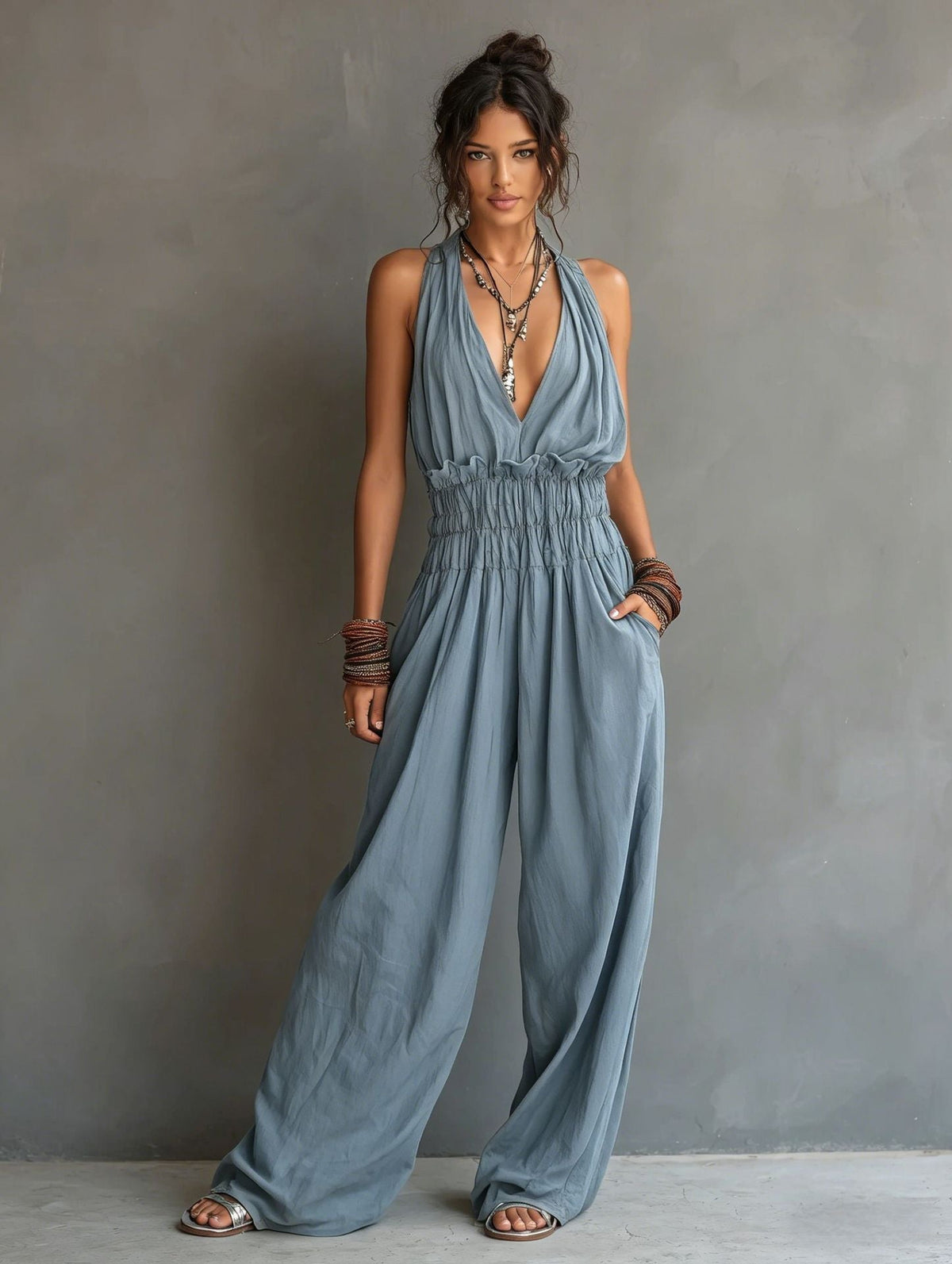 Women's V-Neck Jumpsuit – Adjustable Strap Cinched Waist
