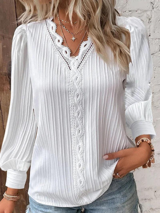 Women's Lace-Trim Blouse – Loose V-Neck Fit