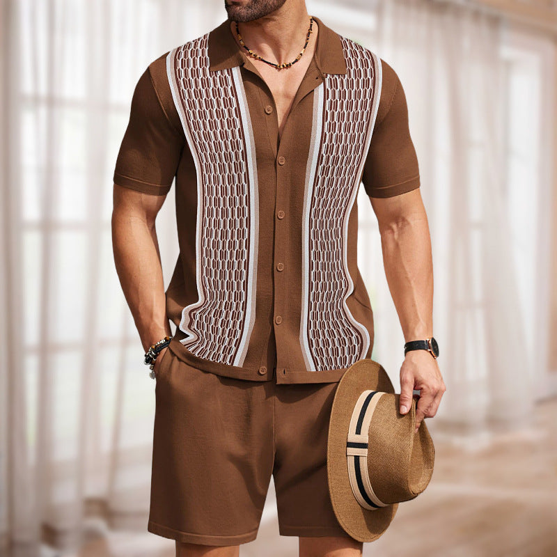 Men's Knit Shirt and Shorts Set – Geometric Textured Panels