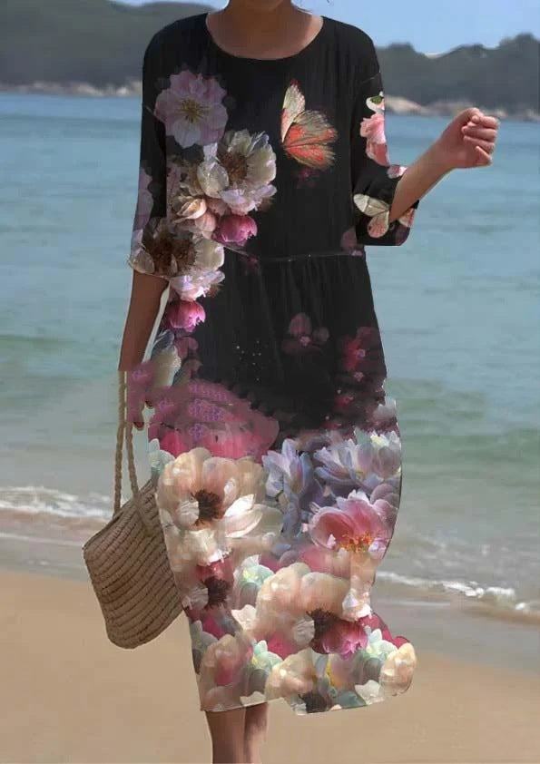 Women's Floral Midi Dress – Smocked Waist, 3/4 Sleeves