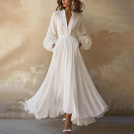 Women's Long Sleeve Maxi Dress – V-Neck Defined Waist