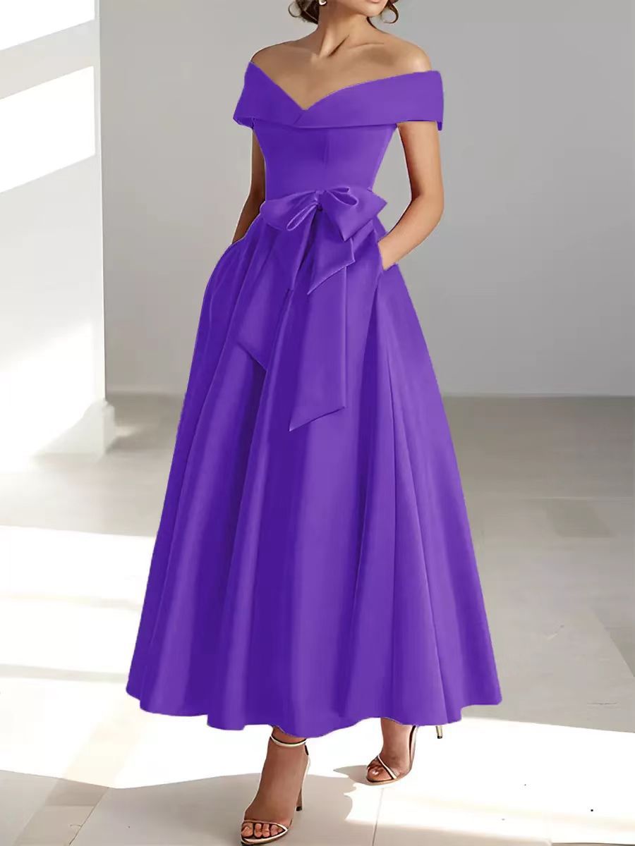 Women's Satin A-Line Dress – Off-Shoulder Ankle Length