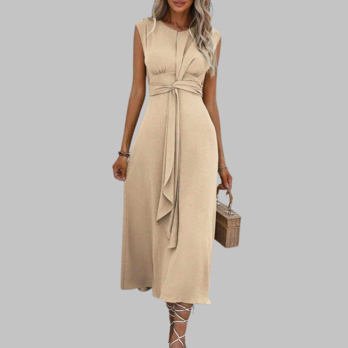 Women's Sleeveless Midi Dress – Crew Neck Tie Waist