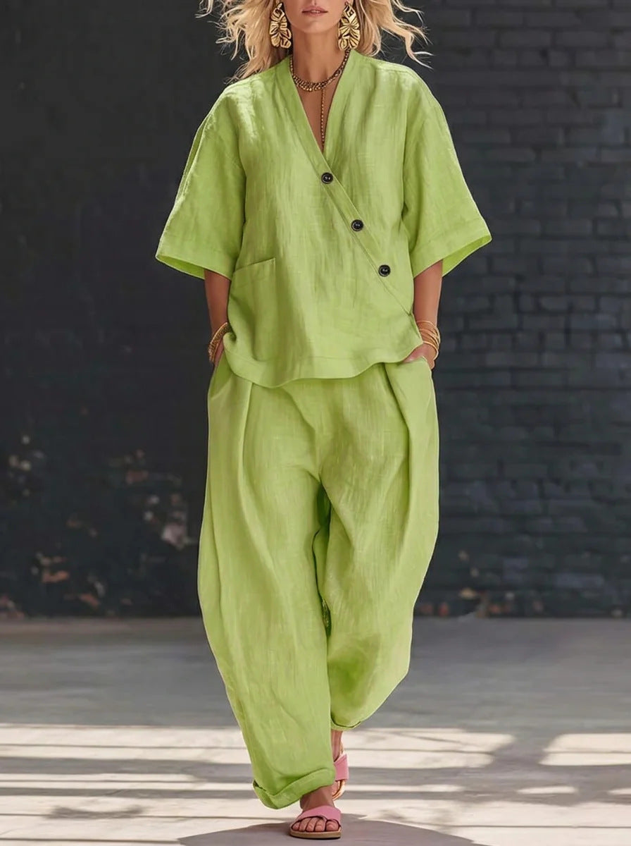 Women's V-Neck Top and Wide-Leg Pants Set – Relaxed Two-Piece