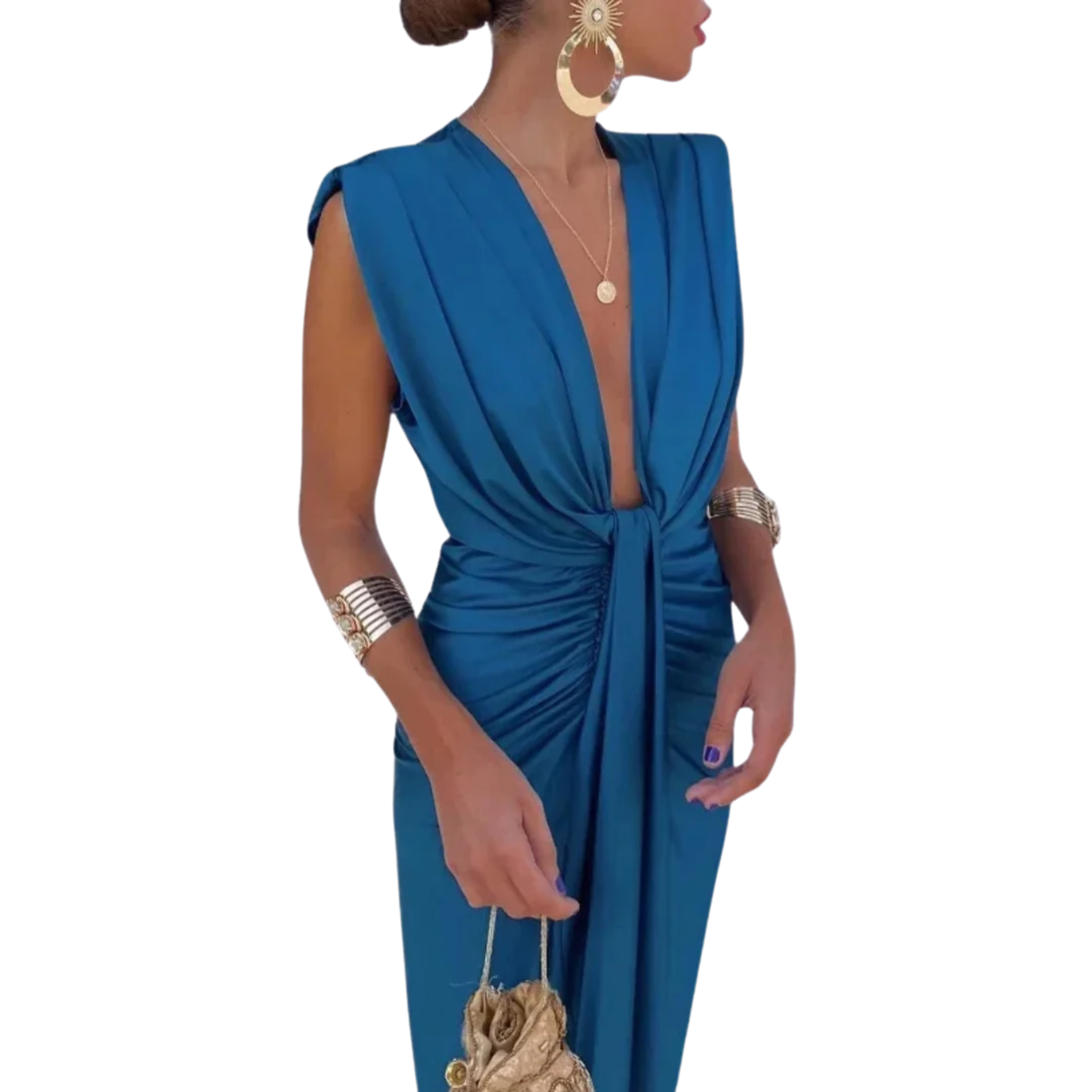Women's Ruched V-Neck Midi Dress – Draped Knot Front
