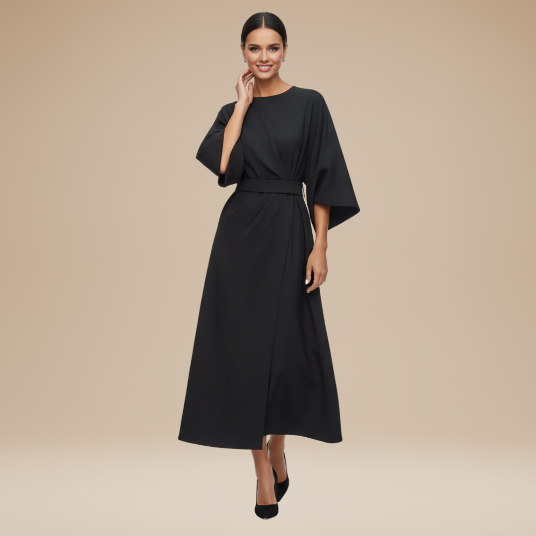 Women's Belted Wrap Midi Dress – Wide Flowing Sleeves