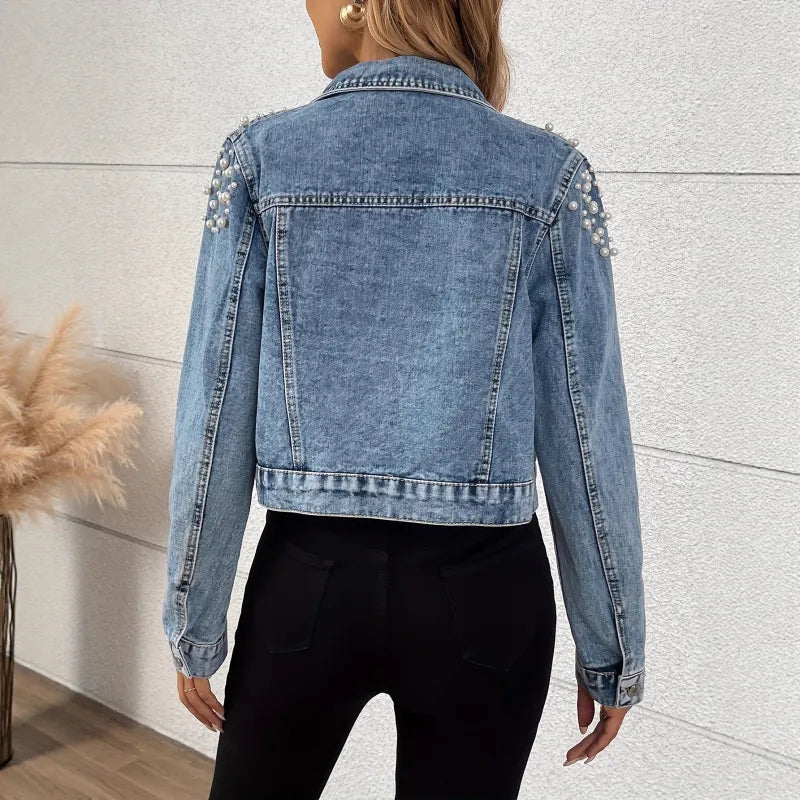 Women's Cropped Denim Jacket – Pearl Embellished