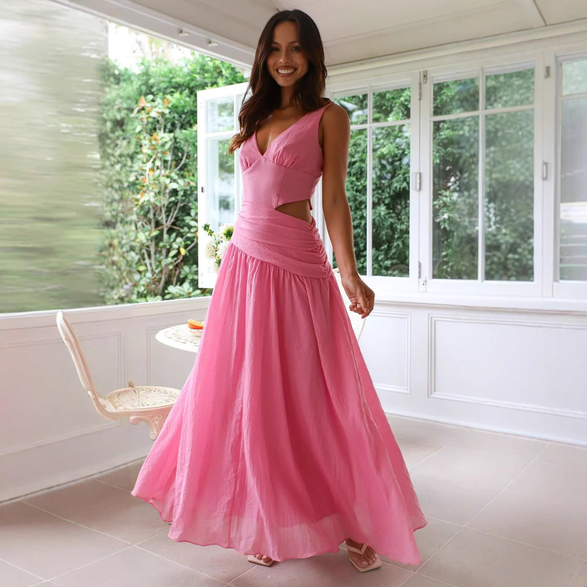Women's Drop-Waist Maxi Dress – V-Neck Side Cutouts