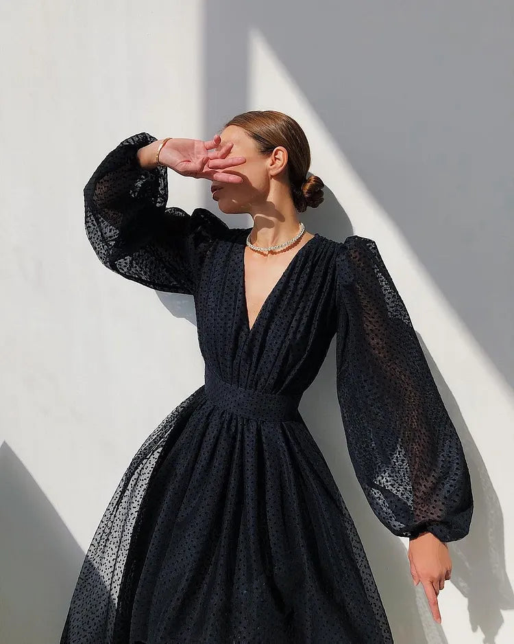 Women's Wrap Midi Dress – Polka Dot Balloon Sleeve