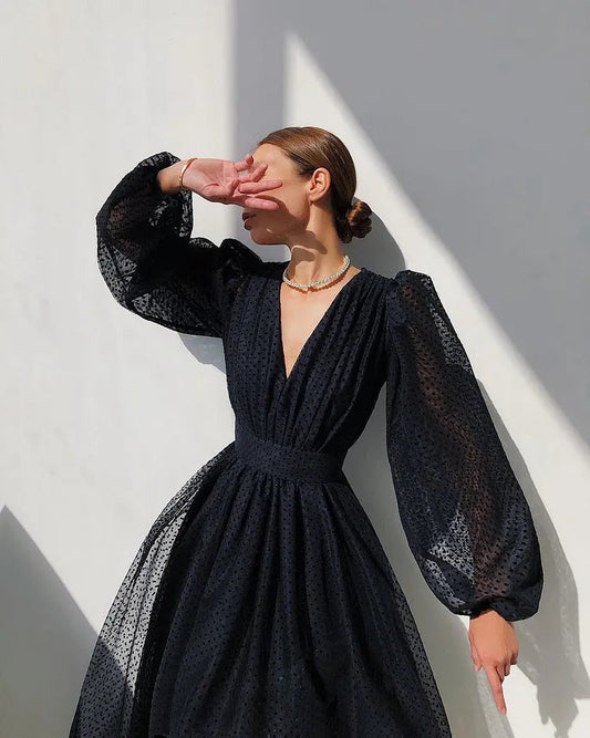 Women's Wrap Midi Dress – Polka Dot Balloon Sleeve