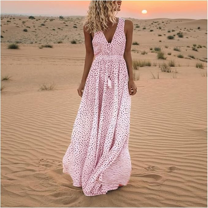 Women's Polka Dot Maxi Dress – Sleeveless V-Neck