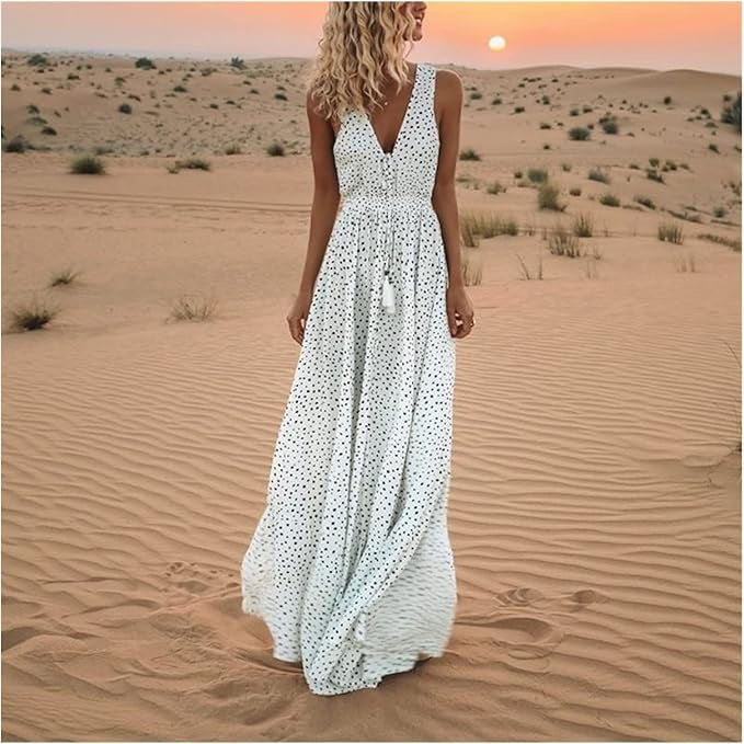 Women's Polka Dot Maxi Dress – Sleeveless V-Neck