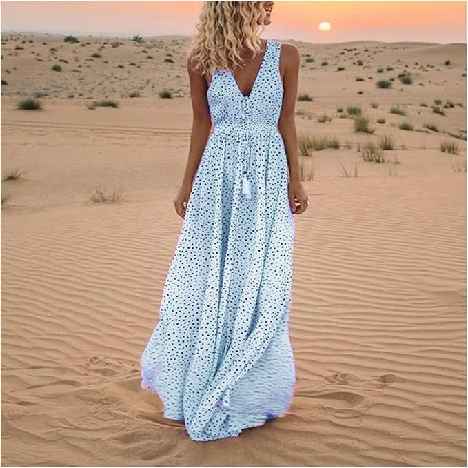 Women's Polka Dot Maxi Dress – Sleeveless V-Neck