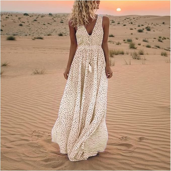 Women's Polka Dot Maxi Dress – Sleeveless V-Neck