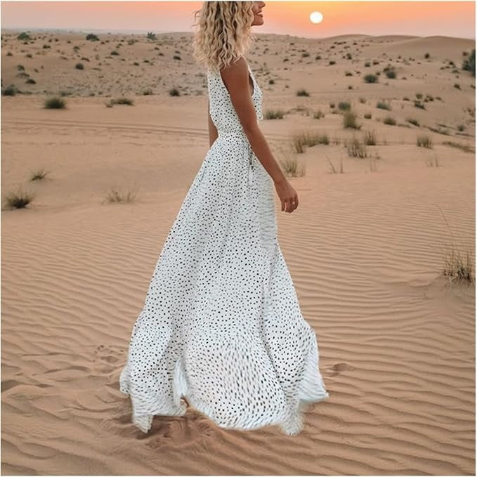 Women's Polka Dot Maxi Dress – Sleeveless V-Neck
