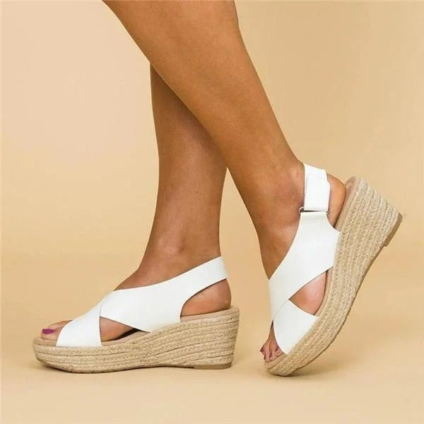 Women's Leather Espadrille Wedge Sandals – Adjustable Cross Straps