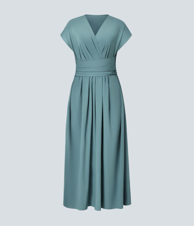 Women's V-Neck Midi Dress – Elastic Waist Flared Fit