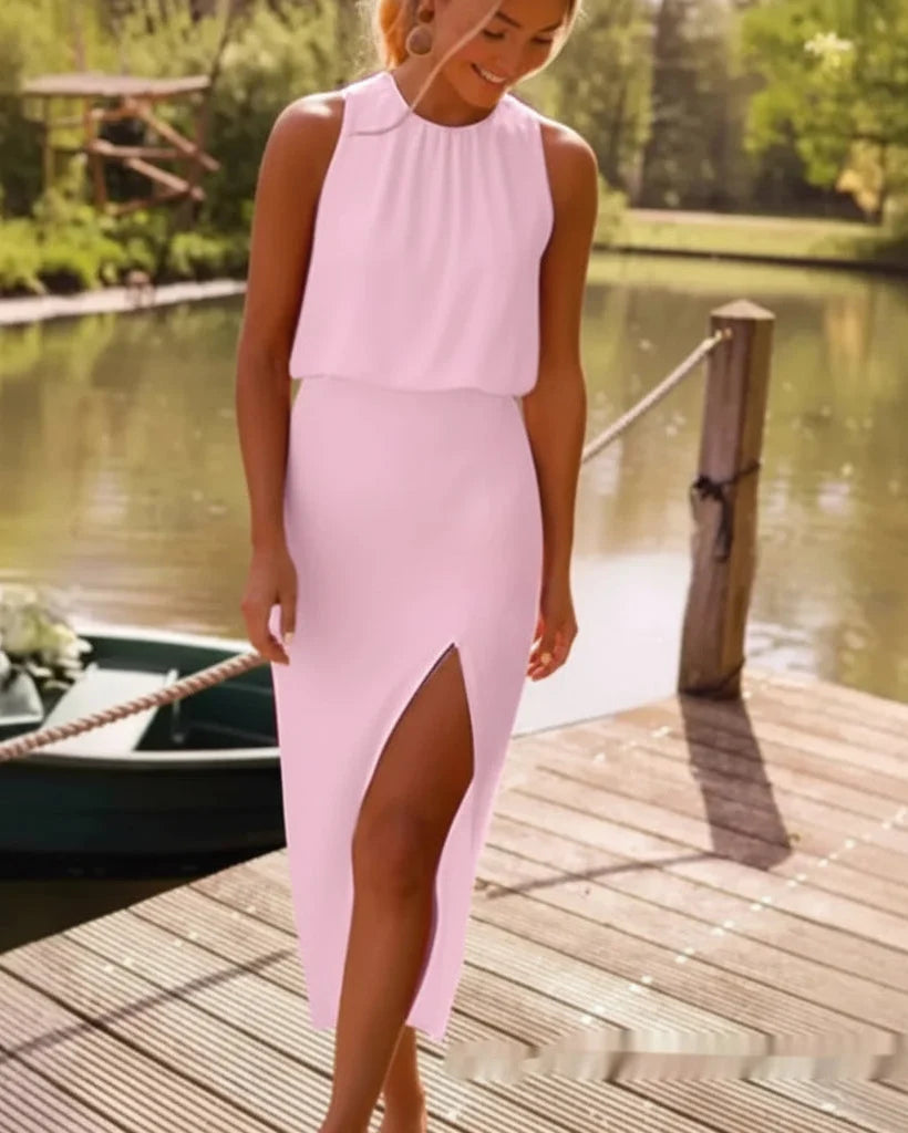 Women's High-Neck Midi Dress – Side Slit Relaxed Fit
