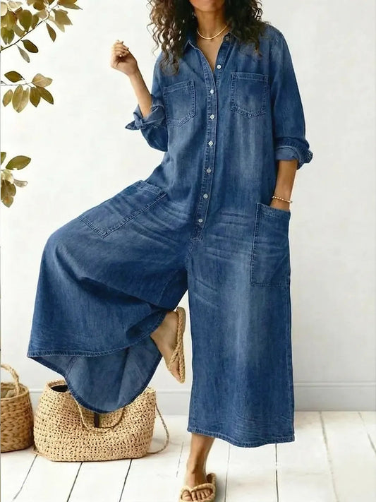 Women's Denim-Look Jumpsuit – Relaxed Button-Front Fit
