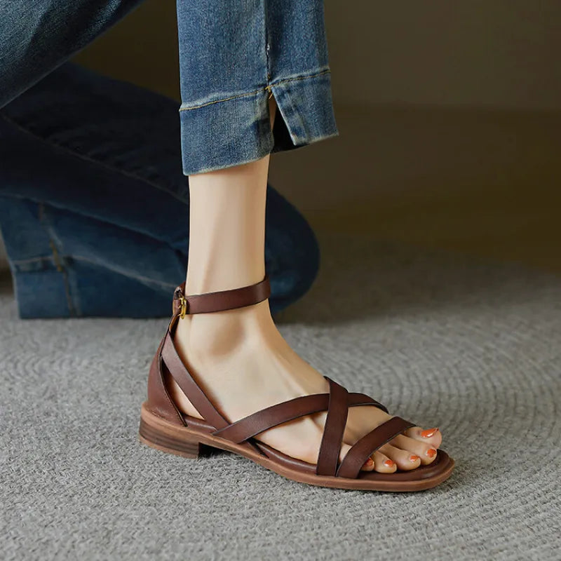 Women's Flat Sandal – Cross-Strap Ankle Buckle