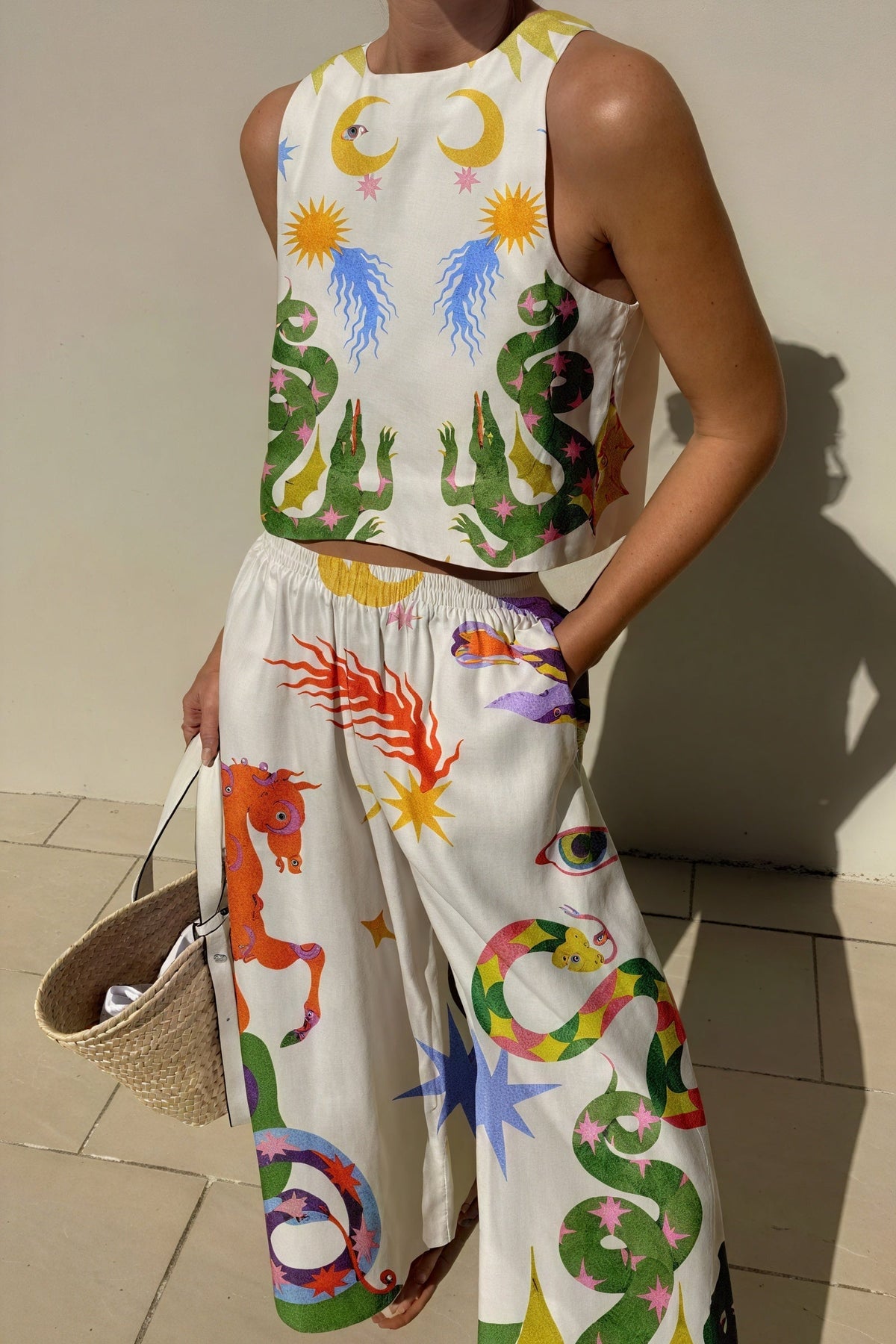 Women's Cropped Top and Wide-Leg Pants Set – Celestial Print