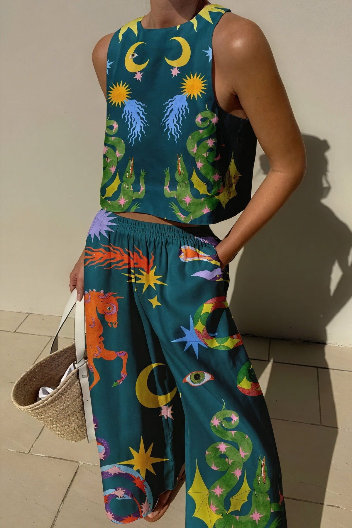 Women's Cropped Top and Wide-Leg Pants Set – Celestial Print