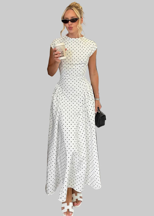 Women's Polka Dot Maxi Dress – High Neck A-Line